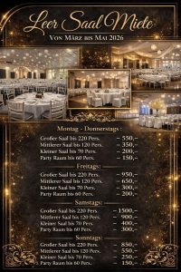 Leer Saal Miete März - Mai 2026